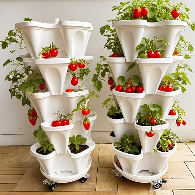 7 Tiered Strawberry Planters 3 Pack, Vertical Stackable Planter, Herb Stacking Tower Garden, Flower and Vegetable Planters with Support Pole Indoor & Outdoor with Removable Wheels Dark Grey