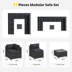 Aoxun Patio Furniture Set, 11 Piece Outdoor Sectional Sofas with Waterproof Cover, 10 Seats Wicker Rattan Outdoor Furniture Patio Conversation Set for Backyard, Garden Dark Grey