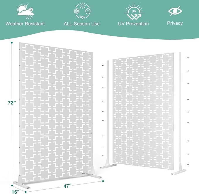 Decorative Fence Panels, White Metal Privacy Screen 72 x 47 In