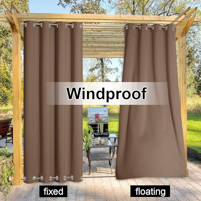 NICETOWN 2 Panels Weighted Blackout Curtains Rustproof Fixed Grommet Top and Bottom, Thermal Insulated Keep Rain Out Blackout Heavy Weight Wind Break Outdoor Draperies, 52 by 108 inches, Tan-Khaki