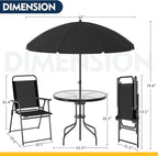 Shintenchi 6 Piece Patio Dining Set with Umbrella, Outdoor Furniture Set with 4 Folding Chairs and Tempered Glass Top Dining Table fot Lawn Backyard Garden Porch Black