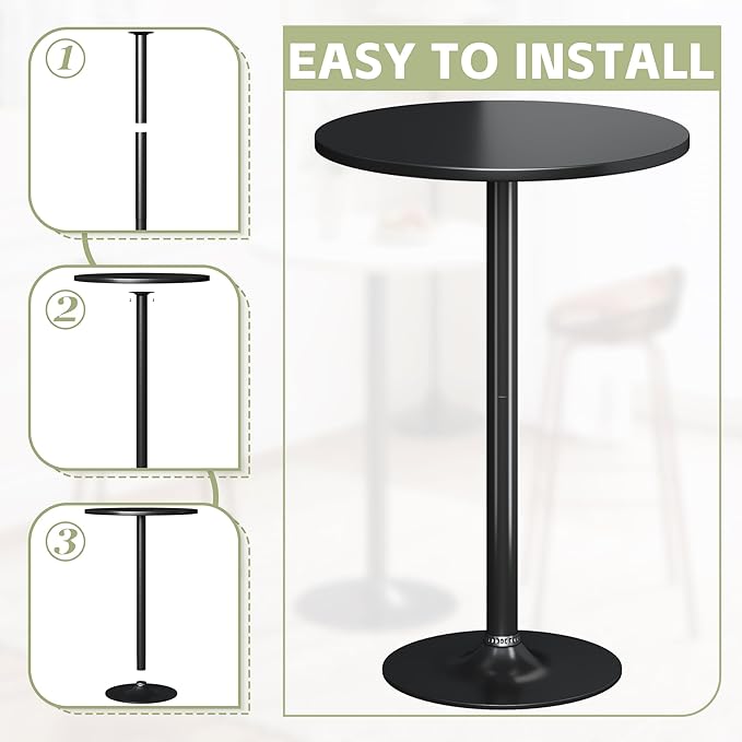 Flamaker Round Bistro Pub Table Modern Style Metal Base MDF Top Cocktail Bar Table Counter Bar Height for Pub, Dining Room, Party (2, Full Black)