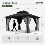 Aoxun 12'x14' Hardtop Gazebo, Aluminum Frame Canopy with Double Galvanized Steel Roof, Outdoor Metal Pavilion with Netting, Curtains for Backyard, Patio and Deck