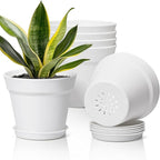 T4U 7.5 Inch Plant Pots 6 Pcs, Flower Pots for Plants, Plastic Planter Pots for Indoor Plants with Drainage Holes and Saucer (6 Pcs, 7.5", White)