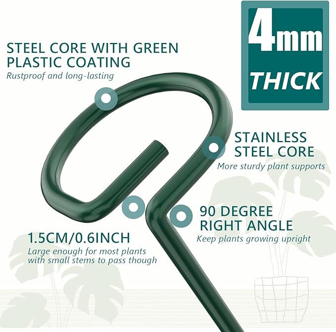 MAFONE 12 Pack 16inch Plant Support Stakes, Plant Stick Garden Single Stem Flower Support Stake Plant Cage Support Rings with 20pcs Plant Clips and Plant Ties for Tomato Orchid Lily Peony Rose Bean