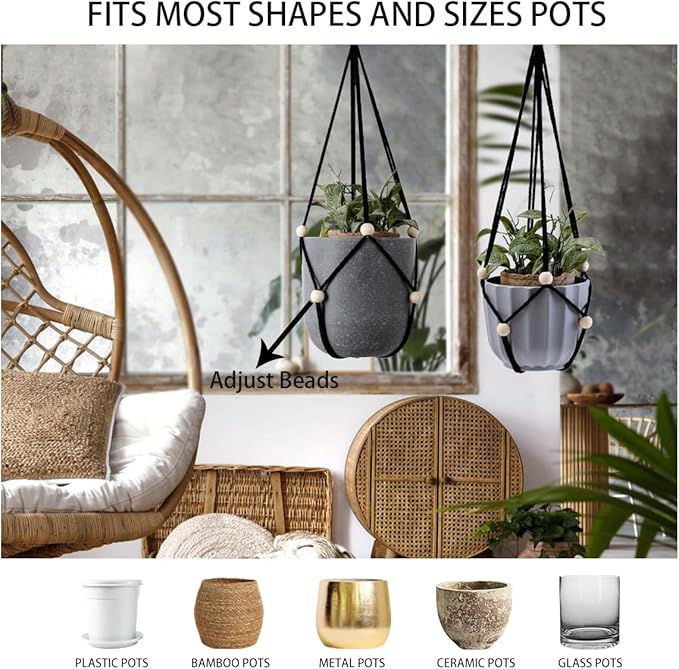 Artilady Black Hanging Planter for Indoor Plants Macrame Plant Hanger Large Hanging Plant Holder Basket with Adjustable Beads Outdoor Window Boho Plant Wall Decor (Black Bead-2pcs)