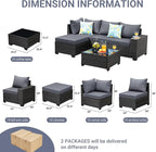 Jing's Villa 5-Piece Patio Furniture Set, All-Weather Outdoor Wicker Sectional Sofa with Cushions, Tempered Glass Table & Ottoman, Rattan Conversation Seating for Porch, Garden, Backyard,Grey