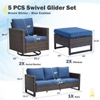 Belord Wicker Patio Furniture 5 Piece Outdoor Sofa Set, Oversize Outdoor Swivel Rocker Chairs with Rattan Ottomans, Conversation Sets Patio Furniture Come with Removable Cushion Blue, Anti-Rust Frame