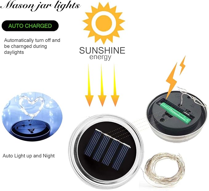 Solar Mason Jar Lid String Lights, 6 Pack, 30 LED Cool White
