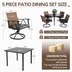 5-Piece Patio Dining Set for 4，Outdoor Dining Set with Wicker Swivel Patio Dining Chairs with Cushions & 1 Black Square Woodgrain Dining Table with 1.75”Market Umbrella Hole, Black & Brown