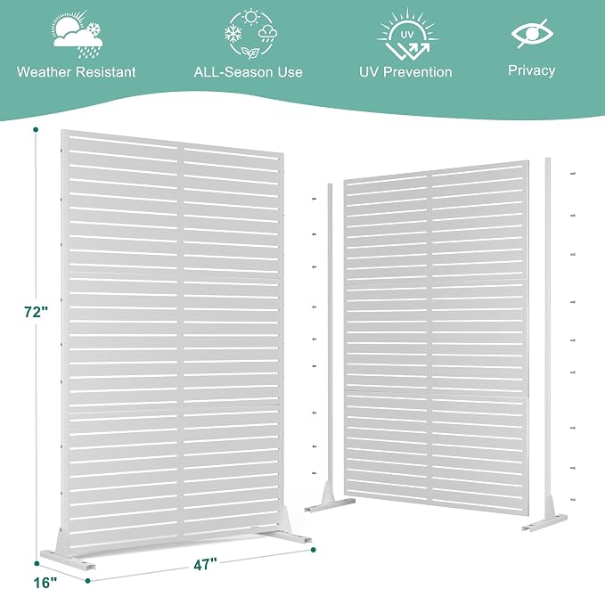 Decorative Fence Privacy Screen, White Louvered Metal, 72 x 47 In