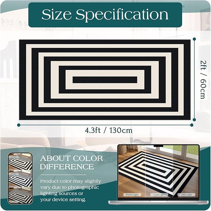 Outdoor Rug Black Ivory Geometric Front Door Mat, 2x4.3 Ft