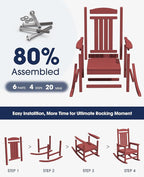 KINGYES HDPE Outdoor Rocking Chair Set of 4, All-Weather Poly Patio Rocking Chairs with 330lbs Support for Adults, Dark Red