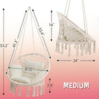 Macrame Hammock Hanging Swinging Chair with Medium Cushion, Perfect for Bedroom, Porch, Adults, Balcony, Beige