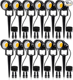 SUNVIE 12W Low Voltage LED Landscape Lights with Connectors, Outdoor 12V Super Warm White (900LM) Waterproof Garden Pathway Lights Wall Tree Flag Spotlights with Spike Stand (12 Pack with Connector)