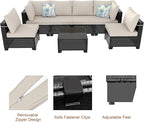 7 Pieces Outdoor Conversation Sectional Rattan Sofa, Patio Furniture Set, with Wicker and Cushions for Garden and Backyard (Brown/Beige)