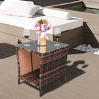 VINGLI Outdoor Wicker Side Table Patio Side Tables for Outside, Tempered Glass Top Wicker Table with Storage End Table for Balcony Porch Deck (Brown)