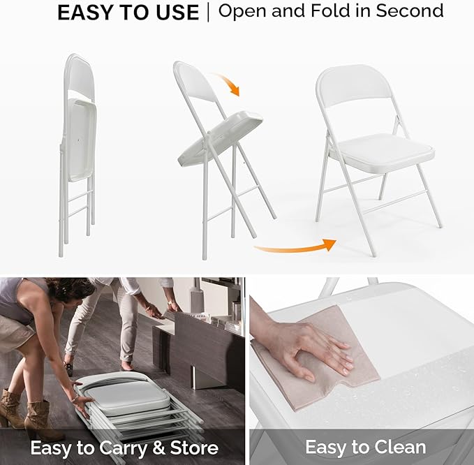 VINGLI 6 Pack Folding Chairs with Padded Seats, Metal Frame with Pu Leather Seat & Back, Capacity 350 lbs, White
