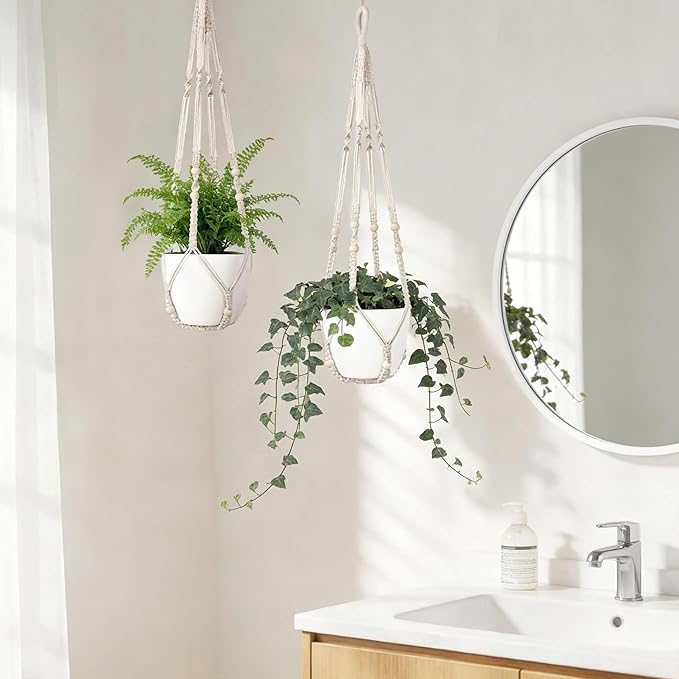 Macrame Plant Hanger for 4-12 Inch Pot Indoor Crochet Hanging Plant Holder Outdoor Boho Home Decor Basket wall Window Rope White Large Long (Ivory)