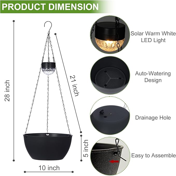 BAYN 2 Packs Solar Hanging Basket Planters for Plants Outdoor, Self Watering Black Flower Plants Pots with Solar Light Drainer for Balcony Patio Garden Outdoor Decoration