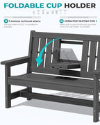 SERWALL Outdoor Bench with Cup Holder, 58" HDPE Garden Park Bench Suitable for 3 Person, All Weather Patio Benches with High Backrest and Wide Armrests for Garden, Park, Yard, Front Porch, Grey