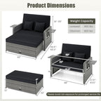Tangkula Patio Rattan Daybed with 4-Level Adjustable Backrest, Outdoor PE Wicker Loveseat with Storage Ottoman & Folding Side Table, Double Sunbed for Balcony, Backyard & Poolside, Black & Grey