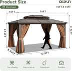 Aoxun 10'x14' Hardtop Gazebo, Aluminum Frame Permanent Pavilion with Curtains and Netting, Outdoor Polycarbonate Double Roof Canopy, for Patio, Garden, Lawn, Brown