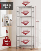 Storage Shelves - 5-Tier Large Capacity Shelf Organizer with Hooks, Heavy-Duty Garage Shelving with Leveling Feet, Wobble-Free Rack for Bedroom, Balcony, Garage, 18.1"×12.4"×56.8", Silver