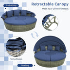 Tangkula Outdoor Round Daybed with Retractable Canopy, PE Wicker Sectional Seating Furniture with Cushions and Throw Pillows, Separates Cushioned Seats for Backyard, Poolside (Navy)