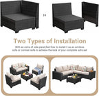 Jing's Villa 6-Piece Patio Furniture Set, All-Weather Outdoor Wicker Sectional Sofa with Cushions, Glass Table & Left and Right Armrest, Rattan Conversation Seating for Porch, Garden, Backyard,Beige