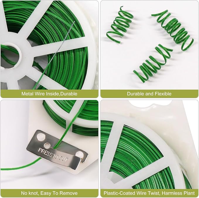 Plant Support Ties, Green Coated Wire, 1312 Ft Roll with Built-in Cutter