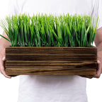 MyGift 14 Inch Artificial Green Grass Plant in Rustic Burnt Solid Wood Rectangular Crate Style Planter Box, Indoor Decor Faux Greenery in Decorative Wooden Container