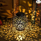 2 Pack Outdoor Solar Hanging Lantern Lights Metal LED Decorative Lamp for Garden Patio Courtyard Lawn and Table with Hollowed-Out Design (Bronze)