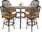 VIVIJASON 5-Piece Bar Height Patio Dining Set, All Weather Cast Aluminum Outdoor Table and Chairs Set with 4 Swivel Bar Stools, Cushions & 35.4" High Bar Table w/Umbrella Hole for Deck, Lawn, Garden
