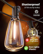 VIPAR Outdoor String Lights 60FT LED Patio Lights LED Waterproof with 26+2 Shatterproof ST38 Edison Bulbs, 2700K Connectable Outside Hanging Light for Porch, Garden, Backyard, Deck, Balcony, Decor