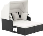 Tangkula Patio Rattan Daybed with Retractable Canopy, Outdoor Wicker Sunbed Lounger with 2 Foldable Side Tables, Thick Seat & Back Cushions, Double Daybed for Garden, Backyard, Porch (Off White)