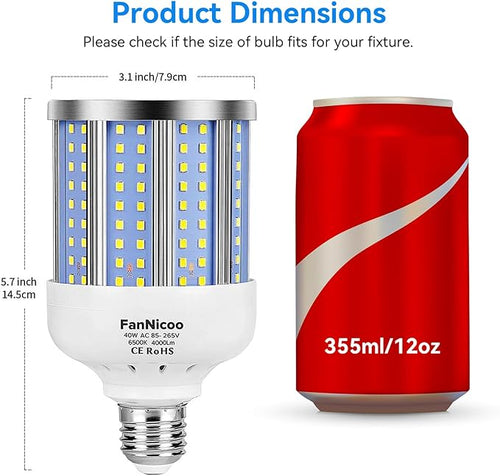 2 Pack 280W Equivalent LED Corn Light Bulb, 4000 Lumen 6500K Cool White Daylight 40W LED Corn Lamp,E26/E27 Medium Base,for Indoor Outdoor Warehouse Garage Basement Backyard Factory Barn and Many Area