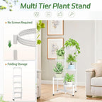 iDavosic.ly Plant Stand Indoor Outdoor, 5 Tier Corner Metal Flower Display Holder Shelf, Easy Assembly Folding Tall Orchid Rack for Patio Balcony Porch Garden Living Room House, Wrought Iron - White