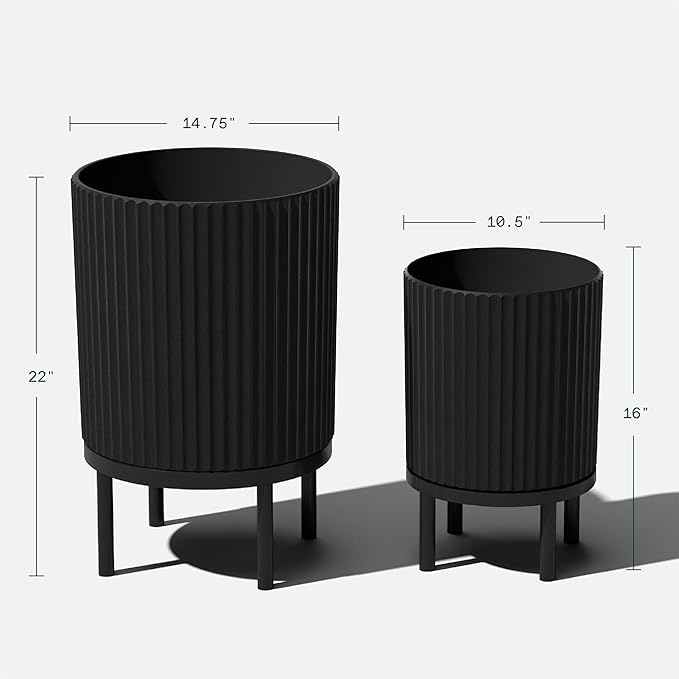 Veradek Demi Series Round Planter w/Stand for Porch/Patio | Durable Plastic-Stone Composite & Wooden Stand | Modern Décor for Tall Plants, Flowers