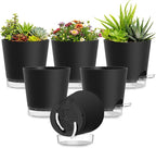 Plant Pots 6 Inch Self Watering Pots,6 Pack Plastic Planters with Drainage Holes and Clear Saucers,Plastic Flower Pots,Nursery Planting Pot for Indoor Out Door Plants (Black)