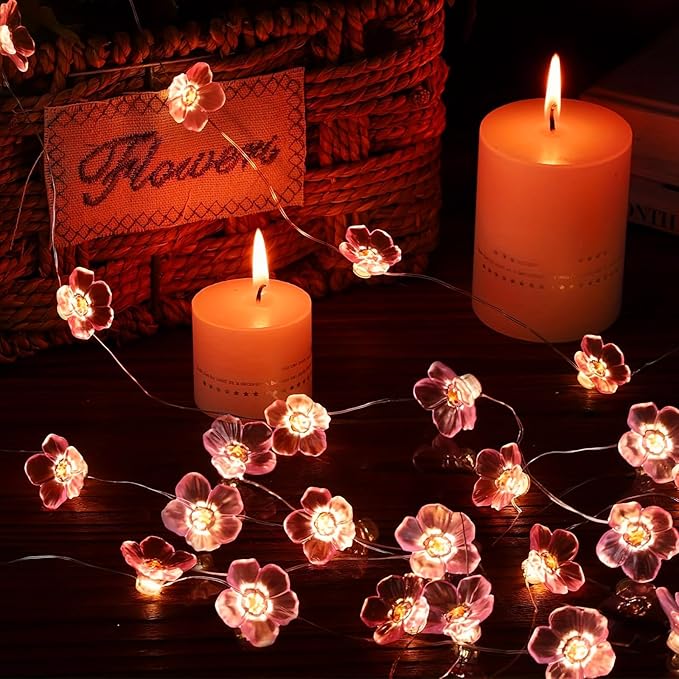 Indoor String Lights: 13 Ft Pink Cherry Blossom Fairy Lights with 40 LEDs