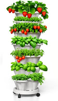 Strawberry Planters, 7 Tiered Vertical Stackable Planter, Herb Stacking Tower Garden, Flower Vegetable Planters with Support Pole, Indoor & Outdoor with Removable Wheels - White