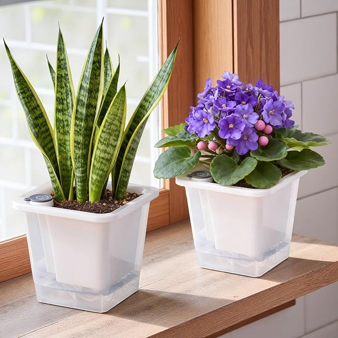 FAMZ Self Watering Pots for Indoor Plants 3 Pack，Clear Plant Pots with Drainage for African Violet、 Orchid、Succulent Plants Square Plant Pots（White 5.12"）