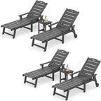 LUE BONA Chaise Lounge Chair with Table, 6-Piece, HDPS Chaise Lounger, 5 Positions Adjustable Lounge Chairs, Pool Lounge Chair with Wheels for Poolside, Backyard, Dark Gray