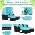 ORALNER Outdoor Daybed, 2-Person Wicker Patio Sofa with Retractable Canopy, Cushions & Pillows, 2 Side Trays, PE Rattan Double Sunbed Lounger for Deck Poolside Backyard Garden Balcony (Turquoise)