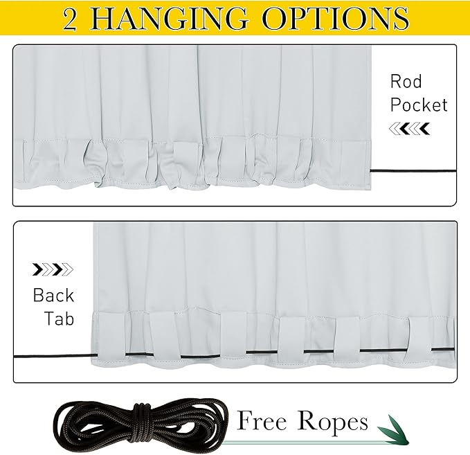 NICETOWN 2 Panels Windproof Outdoor Curtains for Patio Waterproof, Extra Wide Grommet & Back Tab on Top & Bottom Thermal Insulated Sun Blocking Drapes with Rope for Deck, Greyish White, W100 x L84