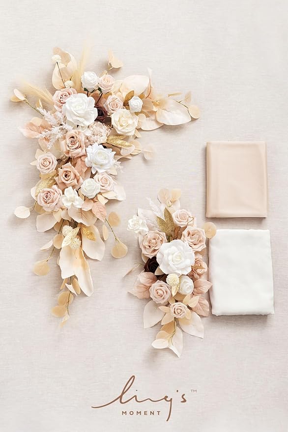 Artificial Flower Wedding Arch Kit, 4-Piece Set in White, Beige and Gold