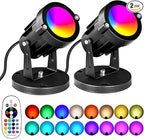 5W RGBW Landscape Lights, 16 Color Changing Spotlight 110V 120V Outdoor Landscape Lighting with Remote for Yard Garden Pathway(2 Pack with Base and Stake)