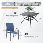 5 Piece Patio Dining Set for 4, 37”x37” Square Table with Umbrella Hole and 4 Metal Blue Chairs, Outdoor Table and Chairs Set for Lawn Backyard and Deck