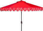SAFAVIEH 9ft Outdoor Patio Umbrella, Round, Valance, Red & White Trim, Auto Crank Tilt, UV Resistant for Deck, Backyard, Poolside (PAT8006D)